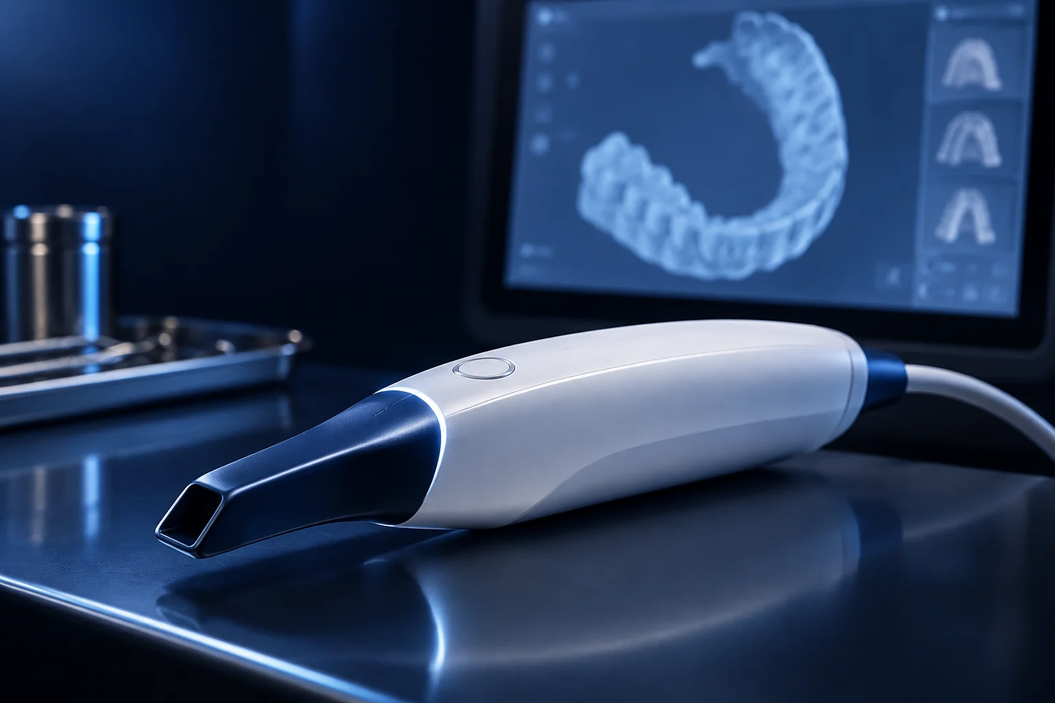Escáner intraoral blanco sobre fondo azul oscuro